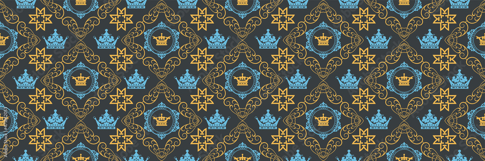 Beautiful background image with royal ornament in vintage style on black background for your design projects, seamless pattern, wallpaper textures with flat design. Vector illustration
