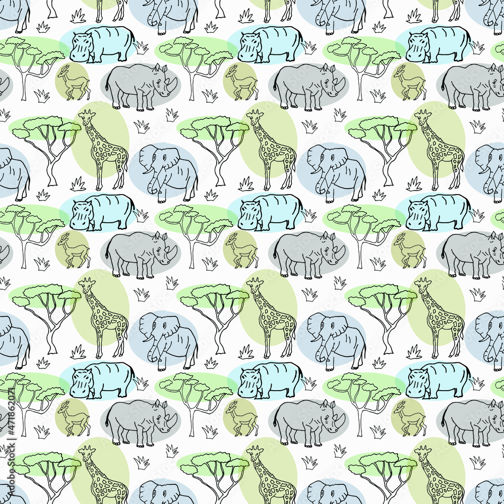 Seamless background. Drawn by hand. An elephant, a giraffe, a hippopotamus, an antelope, a rhinoceros, trees are depicted. Can be used for fabric, wallpaper, background, wrapping paper. Seamless background. Drawn by hand. An elephant, a giraffe, a hippopotamus, an antelope, a rhinoceros, trees are depicted. Can be used for fabric, wallpaper, background, wrapping paper.