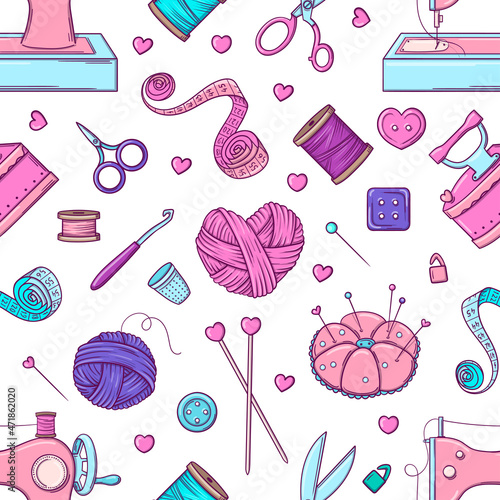 Hand drawn seamless pattern with objects for sewing, knitting and hand craft in doodle style