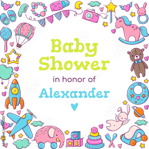 Baby Shower cute greeting card template with toys. Circle text place