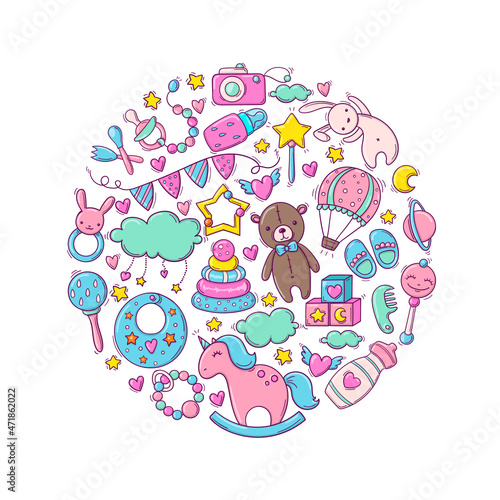 Hand drawn cute circle template with baby toys