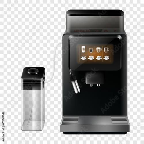 Realistic coffee machine. Household appliance design. Automatic espresso maker, isolated on transparent background. Electronic equipment for cappuccino preparing. Vector 3d illustration