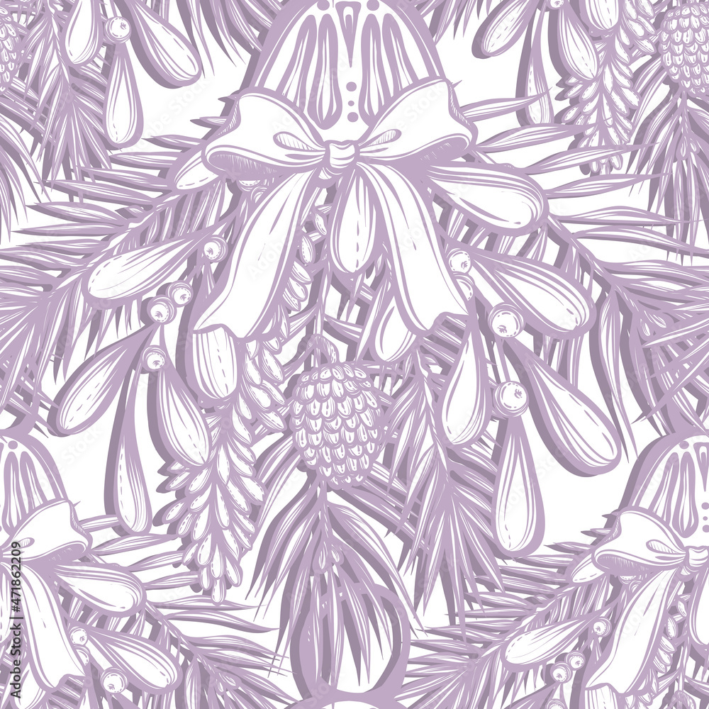 Fototapeta Vector New Year composition with spruce and mistletoe, pine branches, art.t-shirt design. Handmade. Background light, seamless pattern