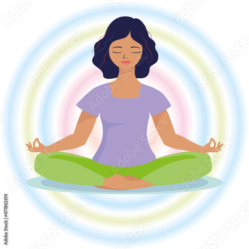 Wallpaper Mural Woman meditating in nature and leaves. Concept illustration for yoga, meditation, relax, recreation, healthy lifestyle. Vector illustration in flat cartoon style . Enlightenment Torontodigital.ca