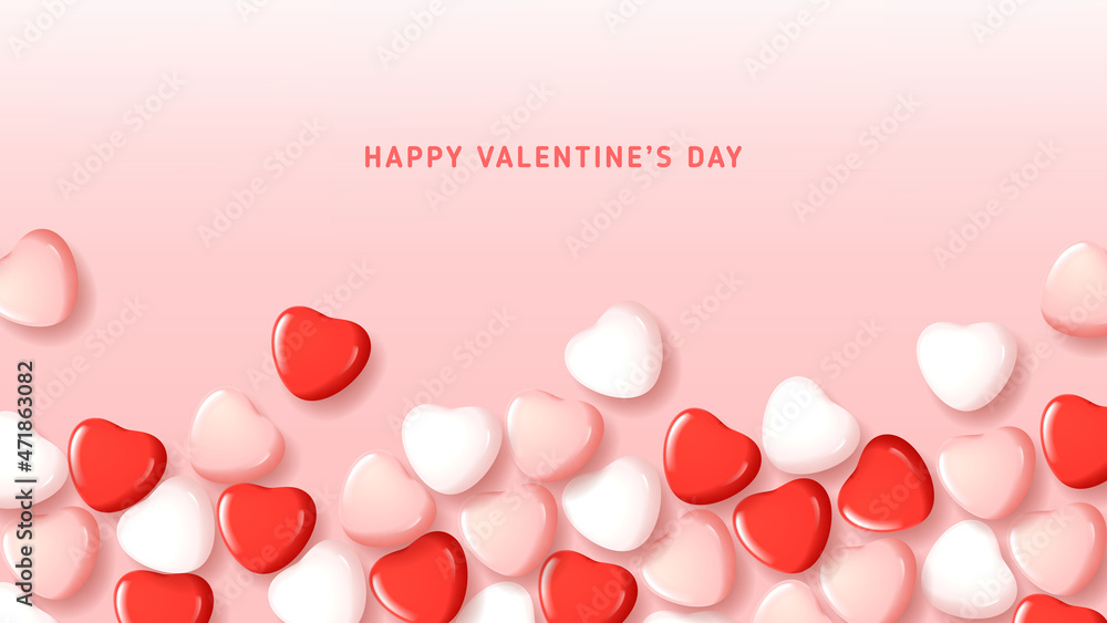 Happy Valentine's Day abstract banner. Vector illustration with candy hearts on pink background. Holiday decoration design with 3d symbols and elements for Valentine's Day. Holiday card.