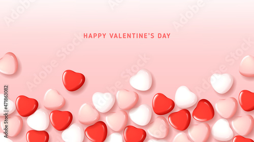 Happy Valentine's Day abstract banner. Vector illustration with candy hearts on pink background. Holiday decoration design with 3d symbols and elements for Valentine's Day. Holiday card.