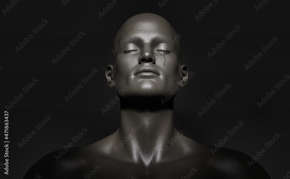 3D illustration of a male figure with her eyes closed and shedding tears, dark background 3D illustration of a male figure with her eyes closed and shedding tears, dark background