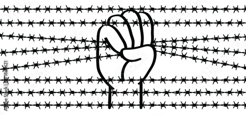 Protest symbol. World refugee day, Cartoon hand holding barb wire. Clenched fist with barbed wire, resistance and revolution symbol. No more slavery. Day of abolitionism. Abolition. Vector freedom.
