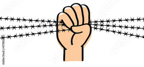 Protest symbol. World refugee day, Cartoon hand holding barb wire. Clenched fist with barbed wire, resistance and revolution symbol. No more slavery. Day of abolitionism. Abolition. Vector freedom.