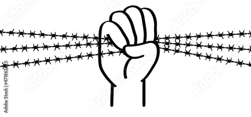 Protest symbol. World refugee day, Cartoon hand holding barb wire. Clenched fist with barbed wire, resistance and revolution symbol. No more slavery. Day of abolitionism. Abolition. Vector freedom.