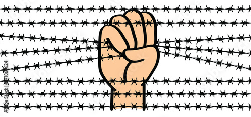 Protest symbol. World refugee day, Cartoon hand holding barb wire. Clenched fist with barbed wire, resistance and revolution symbol. No more slavery. Day of abolitionism. Abolition. Vector freedom.