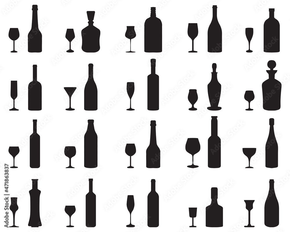 Black silhouettes of glasses and bottles on a white background Black silhouettes of glasses and bottles on a white background