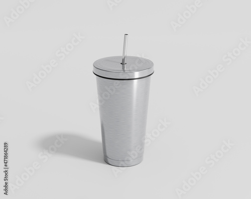 Stainless thermos water bottle mockup, steel coffee bottle