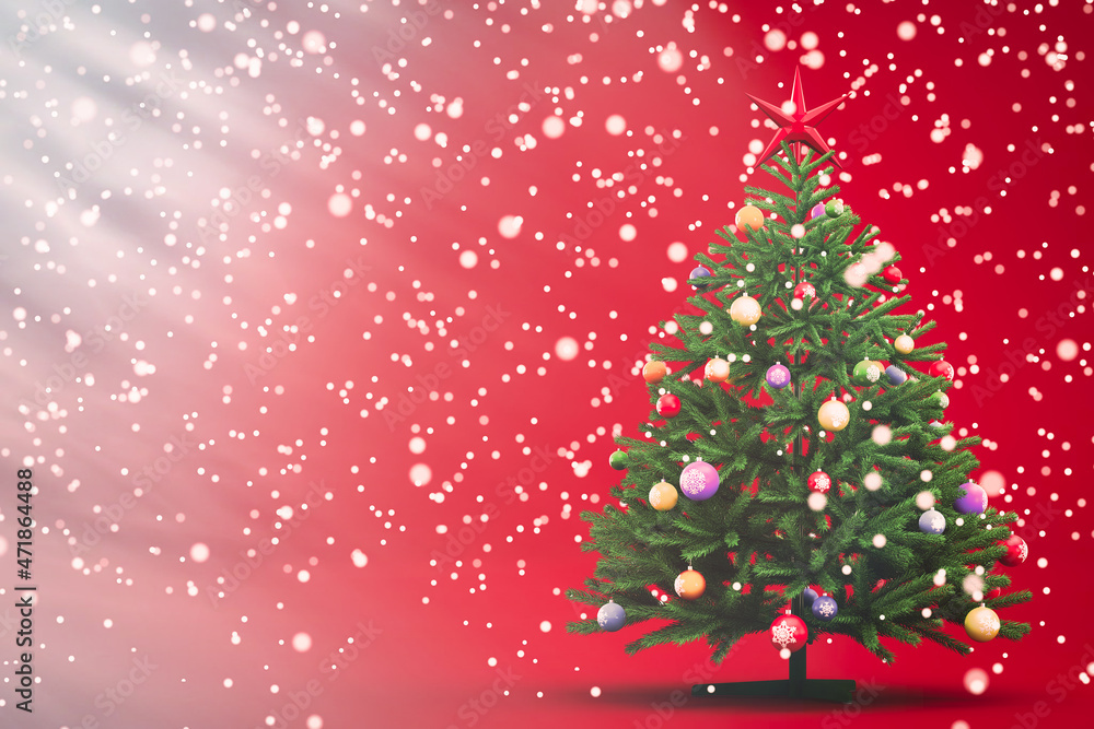 Christmas tree. Red background, gradient of light rays. Defocus light snow. Greeting card. 3D illustration.