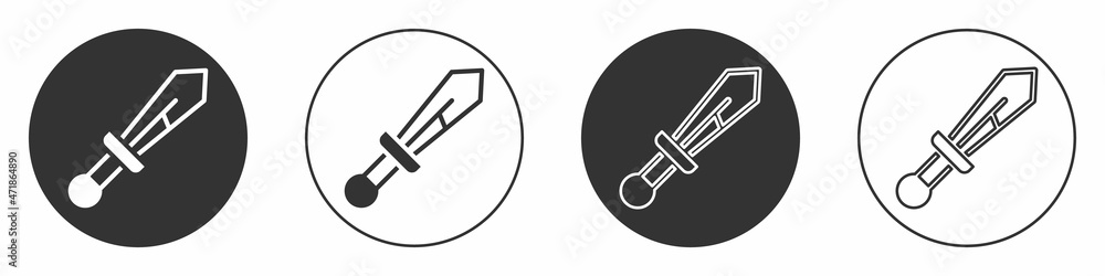 Black Medieval sword icon isolated on white background. Medieval weapon. Circle button. Vector Black Medieval sword icon isolated on white background. Medieval weapon. Circle button. Vector