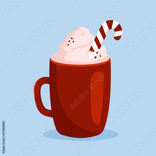 Hot chocolate or coffee with whipped cream and christmas striped candy cane. Vector illustration in flat cartoon style isolated on blue background.