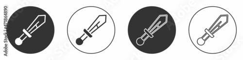 Black Medieval sword icon isolated on white background. Medieval weapon. Circle button. Vector