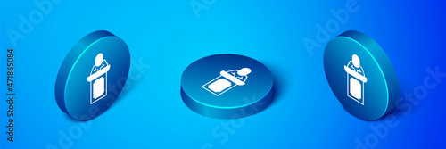 Isometric Auction auctioneer sells icon isolated on blue background. Auction business, bid and sale. Blue circle button. Vector