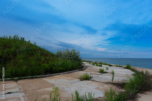 Forgotten old concrete embankment on the Black Sea coast of Ukraine