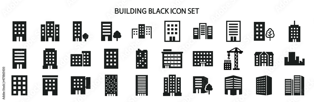 Simple black and white building icon set