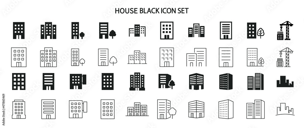 Simple black and white building icon set Simple black and white building icon set