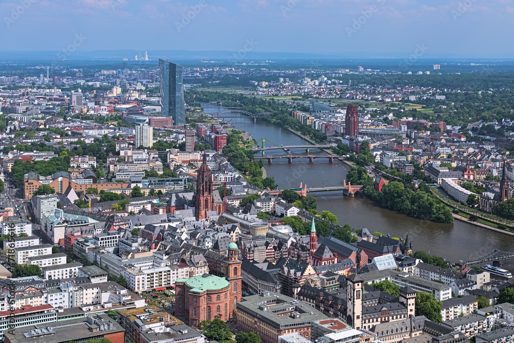 Frankfurt am Main, Germany. High angle view on the Old Town and Main river. View from observation deck of Main Tower skyscraper at 198m above the ground.