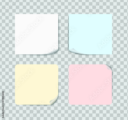 Colorful paper stickers, blank square sticky notes. realistic set of vector blank labels with curled corners