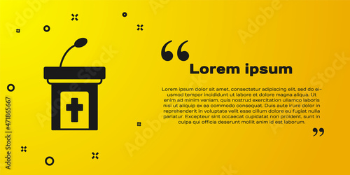 Black Church sermon tribune icon isolated on yellow background. The podium of the preacher in the church. Vector