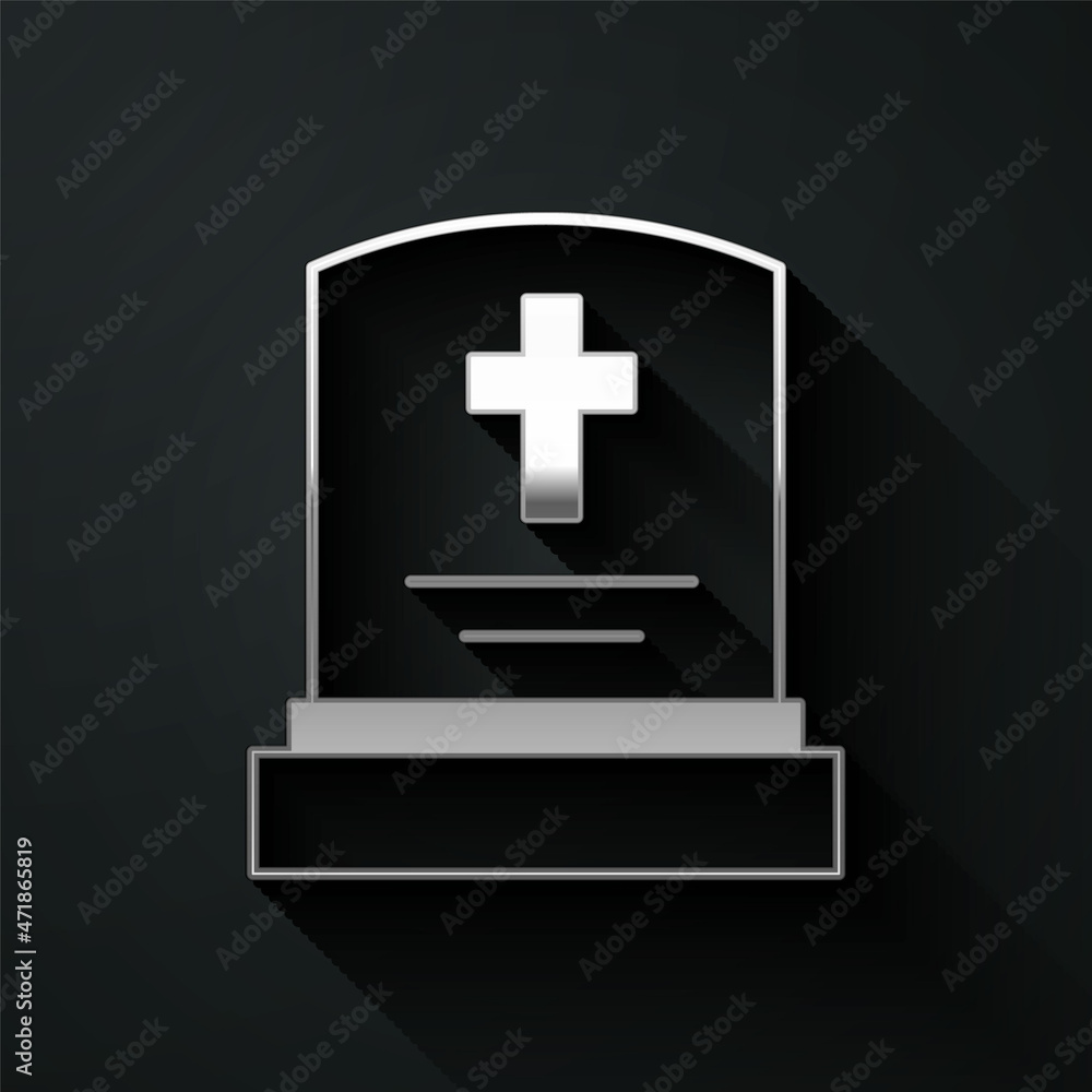 Fototapeta premium Silver Grave with tombstone icon isolated on black background. Long shadow style. Vector
