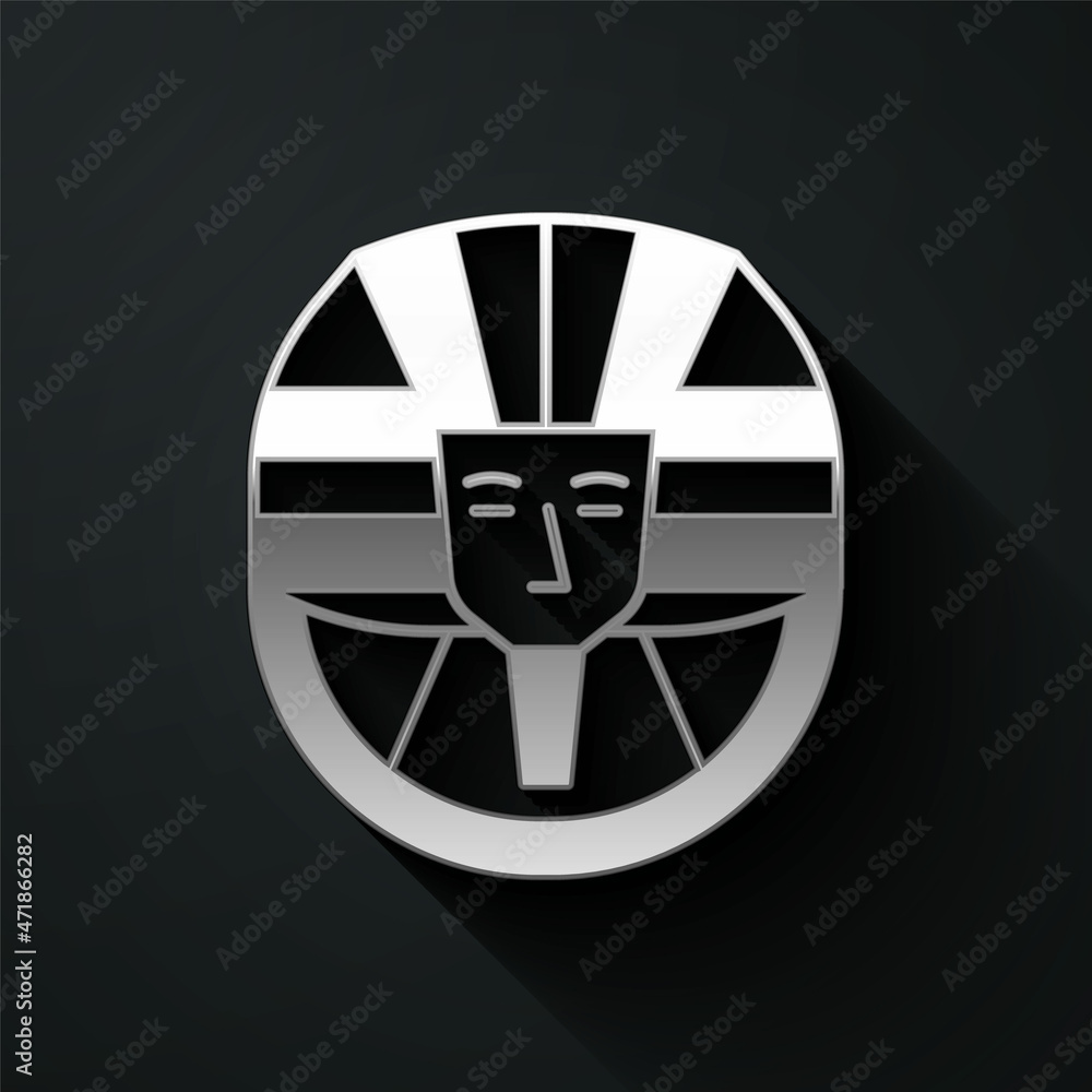 Fototapeta premium Silver Egyptian pharaoh icon isolated on black background. Long shadow style. Vector
