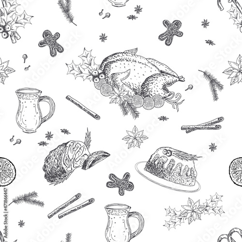 Cake, roast turkey, eggnog, ham, chicken, gingerbread cookies, stollen, pudding, grog, pie, ham. Christmas dinner, food. Vector hand drawn illustration. Seamless pattern.