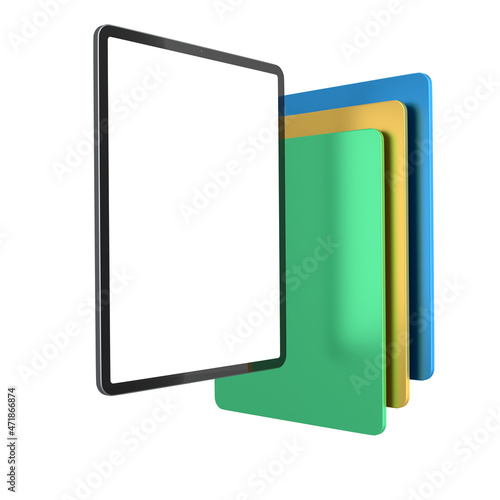 Set of computer tablets with cover case and blank screen isolated on white.