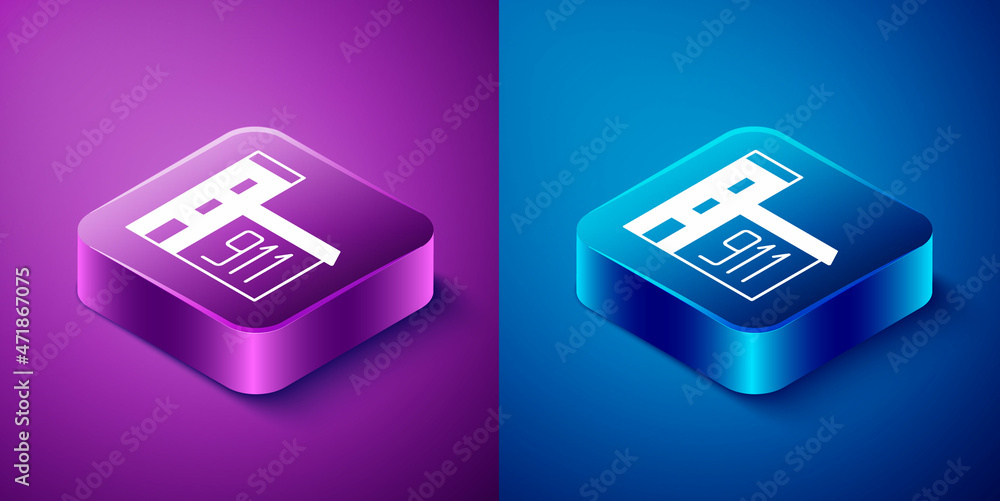 Isometric Building of fire station icon isolated on blue and purple background. Fire department building. Square button. Vector Isometric Building of fire station icon isolated on blue and purple background. Fire department building. Square button. Vector