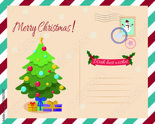 Template New year's letter to Santa Claus with stamp and postage mark. Vector illustration.Vintage Christmas Postcard.