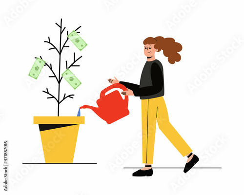 The girl grows a coin tree. A woman waters a money tree. A girl with a watering can in her hands. Vector illustration