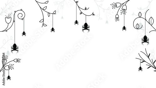 Spiders on Web with Branch Plants Botanic white Background. Halloween Background Design Element. Spooky  Scary Horror Decoration Vector
