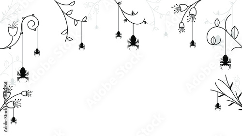 Spiders on Web with Branch Plants Botanic white Background. Halloween Background Design Element. Spooky, Scary Horror Decoration Vector
