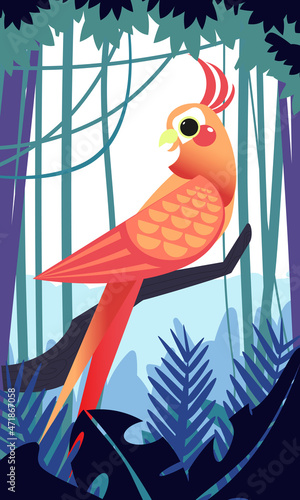 Illustration of a yellow and red parrot against a jungle background 