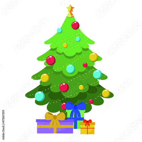 Decorated with balls  star christmas tree and presents boxes.Happy New Year and Merry Christmas vector illustration isolated on the white background.