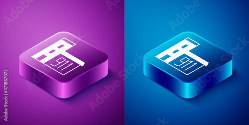 Isometric Building of fire station icon isolated on blue and purple background. Fire department building. Square button. Vector