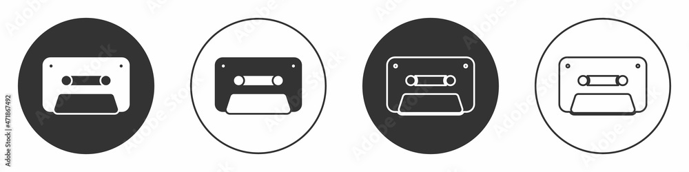 Black Retro audio cassette tape icon isolated on white background. Circle button. Vector Black Retro audio cassette tape icon isolated on white background. Circle button. Vector