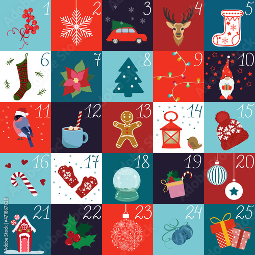 Christmas advent calendar with hand drawn elements. Christmas poster.