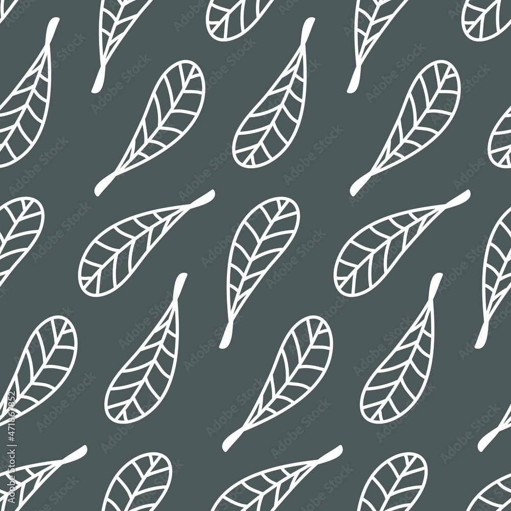 Simple leaf seamless pattern with stroke on dark background for textile wallpaper, packaging design Simple leaf seamless pattern with stroke on dark background for textile wallpaper, packaging design