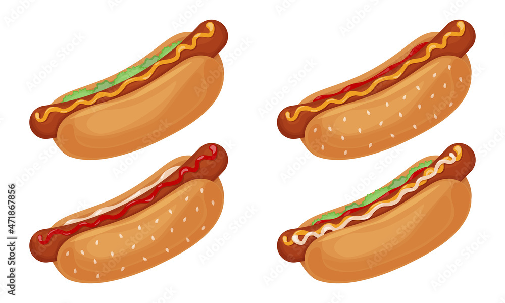 An appetizing set of four hot dogs. Delicious juicy hot dogs with sausage, ketchup, mayonnaise, mustard and lettuce leaf. Fast food in cartoon style. Vector illustration on a white background An appetizing set of four hot dogs. Delicious juicy hot dogs with sausage, ketchup, mayonnaise, mustard and lettuce leaf. Fast food in cartoon style. Vector illustration on a white background