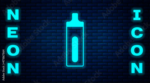 Glowing neon Electronic cigarette icon isolated on brick wall background. Vape smoking tool. Vaporizer Device. Vector