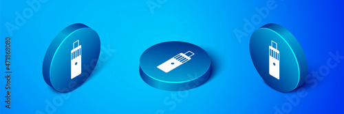 Isometric Vape mod device icon isolated on blue background. Vape smoking tool. Vaporizer Device. Blue circle button. Vector