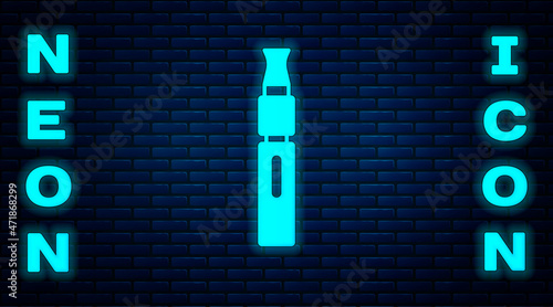 Glowing neon Electronic cigarette icon isolated on brick wall background. Vape smoking tool. Vaporizer Device. Vector