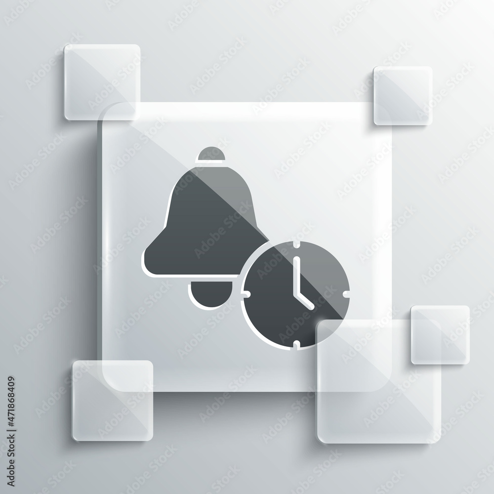 Grey Alarm clock icon isolated on grey background. Wake up, get up concept. Time sign. Square glass panels. Vector Grey Alarm clock icon isolated on grey background. Wake up, get up concept. Time sign. Square glass panels. Vector