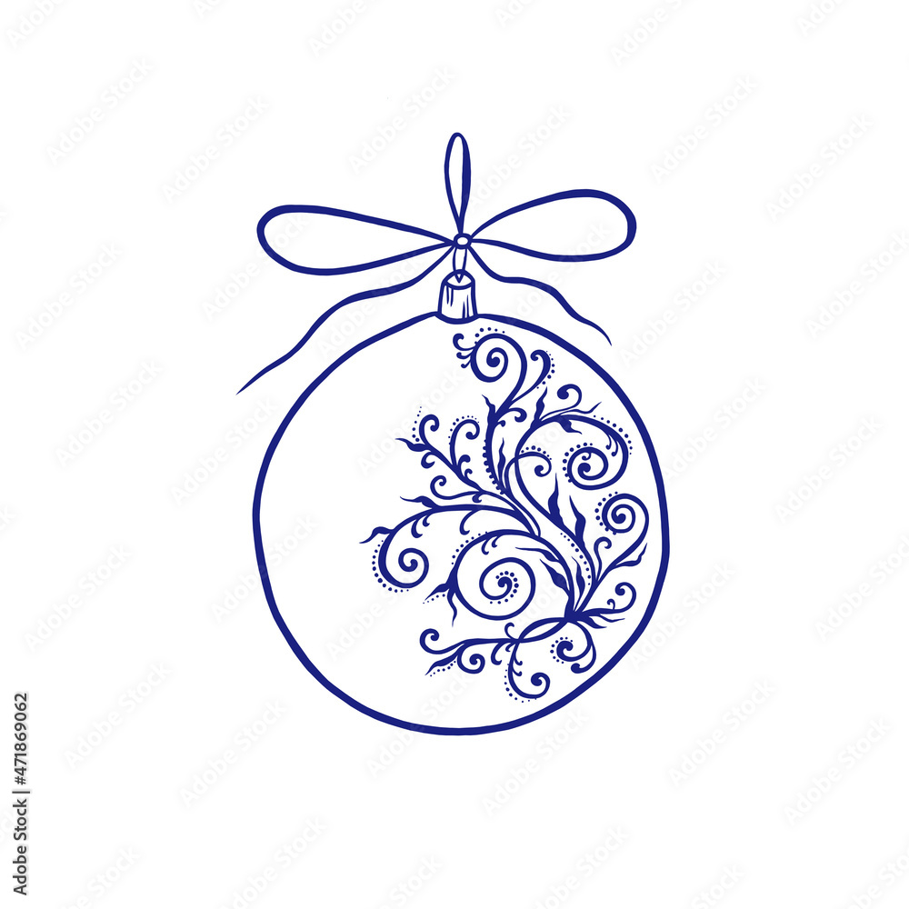 Blue Christmas ball, decorated with a beautiful pattern with curls, flowing lines and a bow. Isolated on a white background. Watercolor hand drawn illustration. For the design of cards, packaging. Blue Christmas ball, decorated with a beautiful pattern with curls, flowing lines and a bow. Isolated on a white background. Watercolor hand drawn illustration. For the design of cards, packaging.
