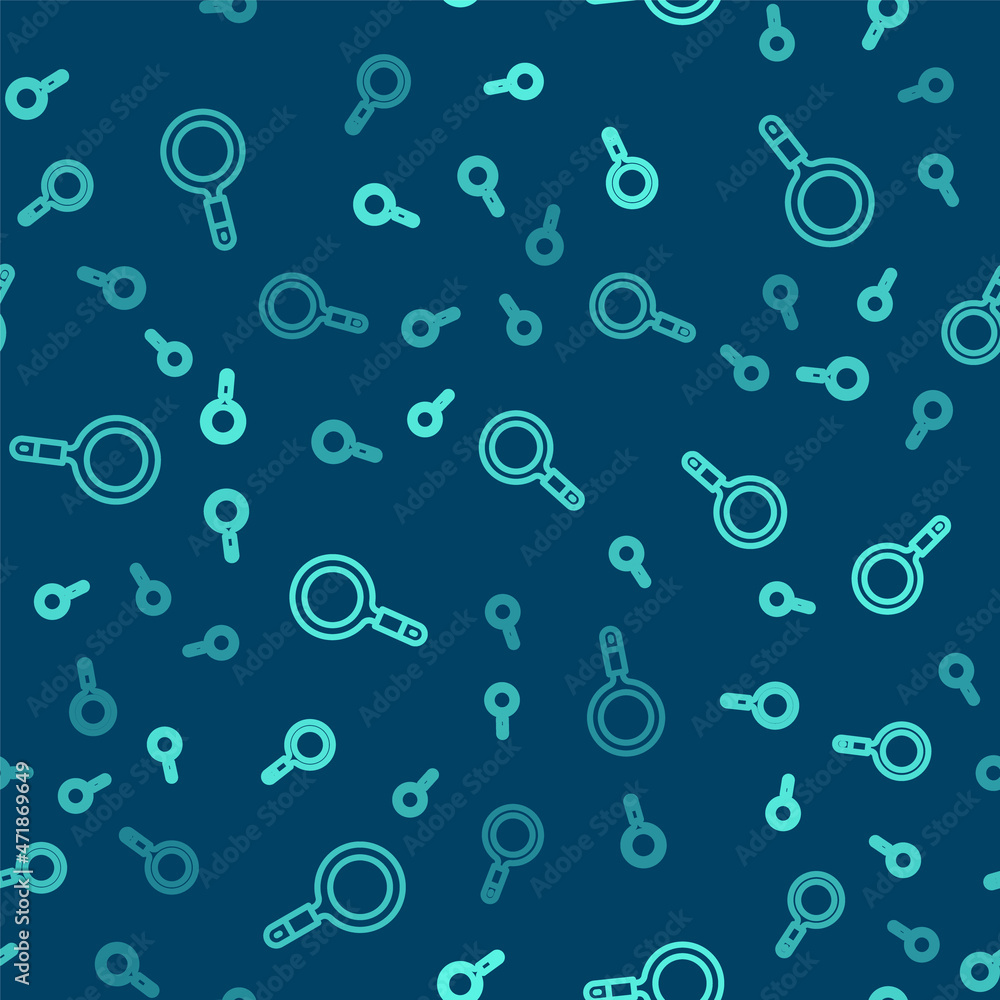 Green line Magnifying glass icon isolated seamless pattern on blue background. Search, focus, zoom, business symbol. Vector